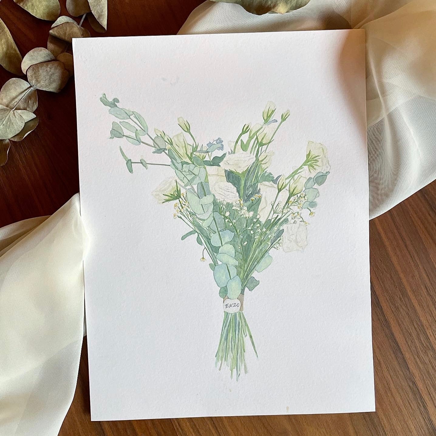 Ilustración personalizada en acuarela del ramo de novia
